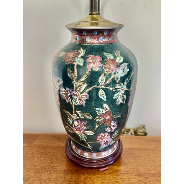 Ceramic Vintage Asian Floral Cloisonne Style Ceramic Ginger Jar Table Lamp Hand Painted For Sale - Image 7 of 15