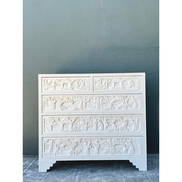 Chinoiserie Vintage Todd Hase Asian Carved Relief Chest of Drawers For Sale - Image 3 of 12