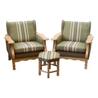 Pair of Attributed to Henning Kjærnulf Danish Oak Lounge Chairs With Ottoman, C. 1960s For Sale