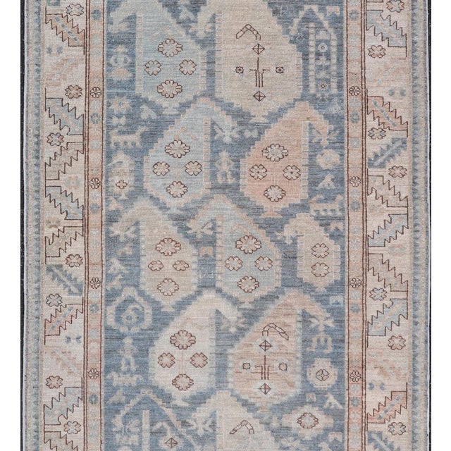 Afghanistan Tabriz Gallery Runner With Soft Blue Field and Ivory Motifs For Sale - Image 4 of 16