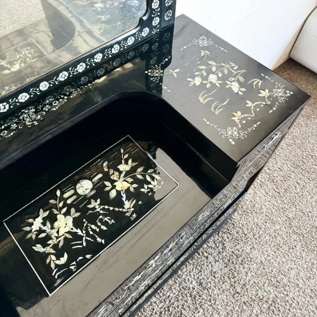 Chinese Black Lacquered Mother of Pearl Inlay Vanity/Chest With Mirror For Sale - Image 4 of 12