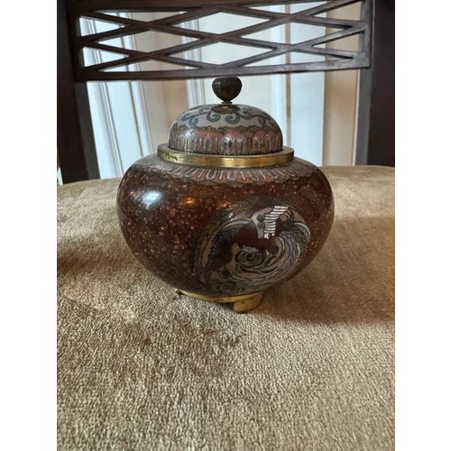 Japanese Antique Late Meiji Period Japanese Cloisonne Enamel and Brass Censor or Koro For Sale - Image 3 of 11