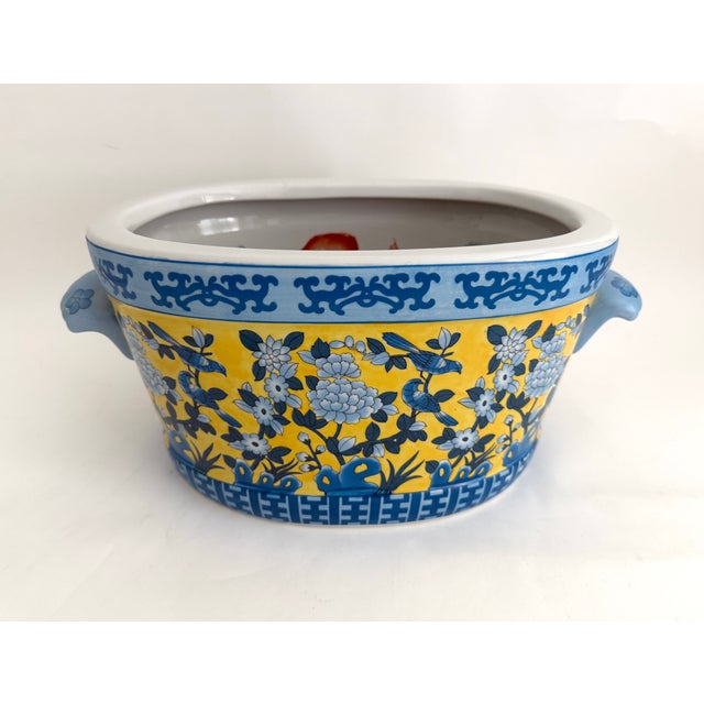 Vintage Yellow & Blue Chinoiserie Porcelain Footbath Planter W/ Koi Fish For Sale - Image 10 of 12