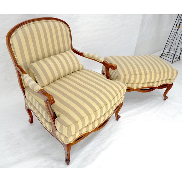 Carved Cherry Frame Stripe Upholstery Lounge Chair w/ Matching Ottoman MINT For Sale - Image 10 of 12