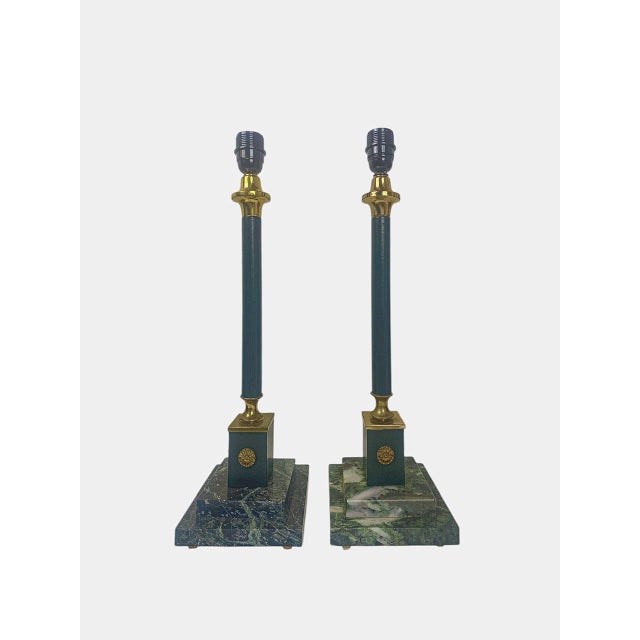 Empire Table Lamps in Leather on Onyx Marble Base, 1950s, Set of 2 For Sale - Image 4 of 11