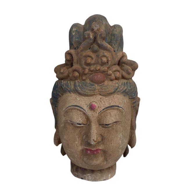 Wood Vintage Asian Carved Wood Guanyin Head 9" H For Sale - Image 7 of 7