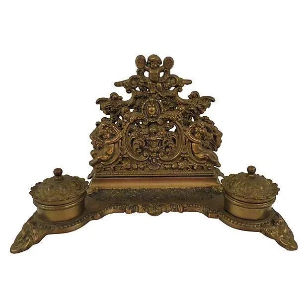 Bronze Antique French Louis XVI Style Bronze Double Inkwell and Letter Holder For Sale - Image 8 of 9