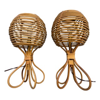 Mid-Century French Rattan and Wicker Table Lamps by Louis Sognot, 1960s, Set of 2 For Sale