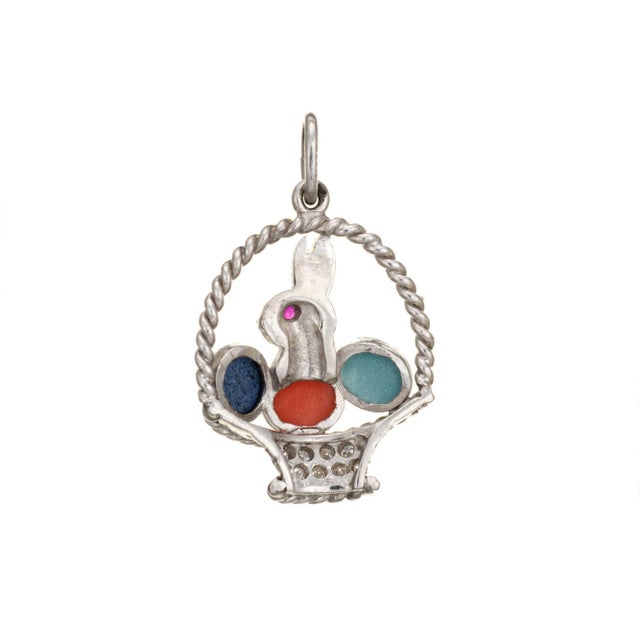 Vintage Art Deco Charm Easter Bunny in Egg Basket Pendant Platinum Fine Jewellery For Sale - Image 4 of 4