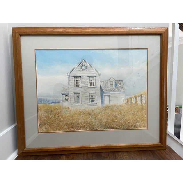 1986 Original Coastal Beach Cottage Watercolor Painting by Mickey Williams With Oak Frame For Sale - Image 9 of 10