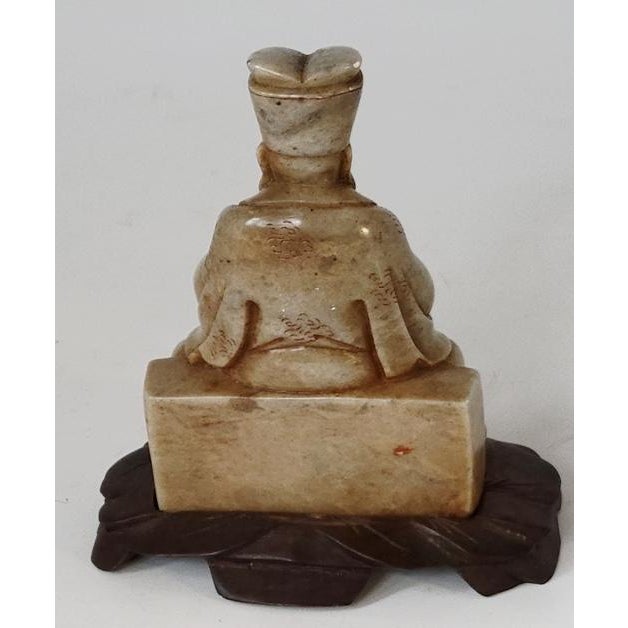 Early 20th C Chinese Carved Soapstone Seated Confucian Scholar Figure on Wood Stand – Collector's Find For Sale - Image 4 of 7