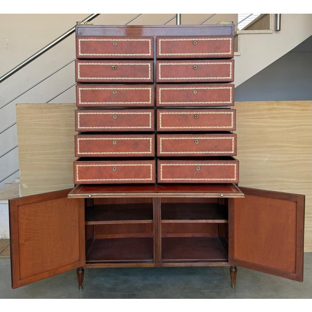 Early 20th Century Chippendale Style Orange Tooled Leather Commode Chest of Drawers, Desk For Sale - Image 4 of 18