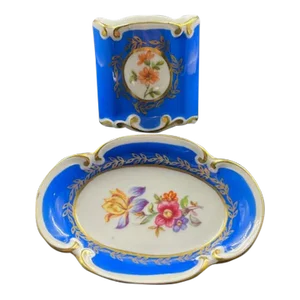 Antique German Hand Painted Floral Dish & Petite Vase