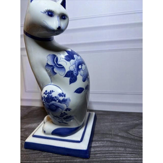 1990s Vintage MCM Blue White Porcelain Cat Figurine Hand Painted Thailand For Sale - Image 5 of 8