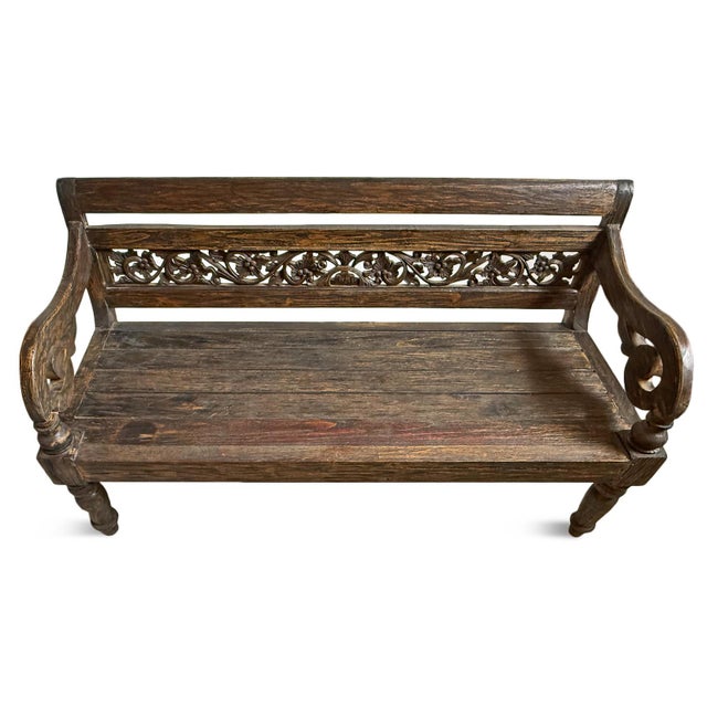 Vintage Carved Blackened Boho Balinese Bench For Sale - Image 4 of 5