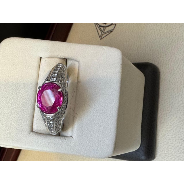 GIA Certified 2 Ct Natural Pink Sapphire & 2 Ct Pave Diamond Ring in Platinum For Sale - Image 13 of 18