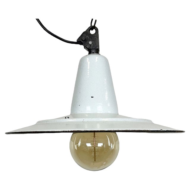 Industrial White Enamel Factory Pendant Lamp, 1960s For Sale