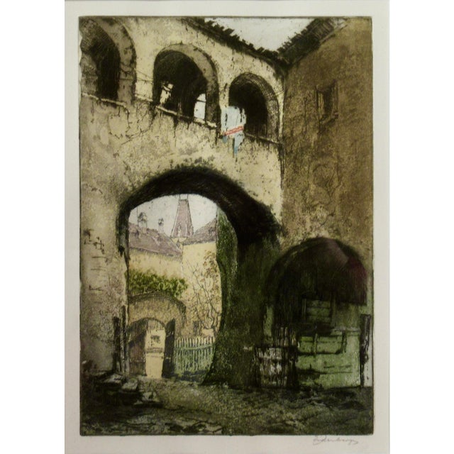 This artwork "cityscape" c. 1960 is a color etching by noted Austrian artist Josef Eidenberger, 1899-1991. It is hand...