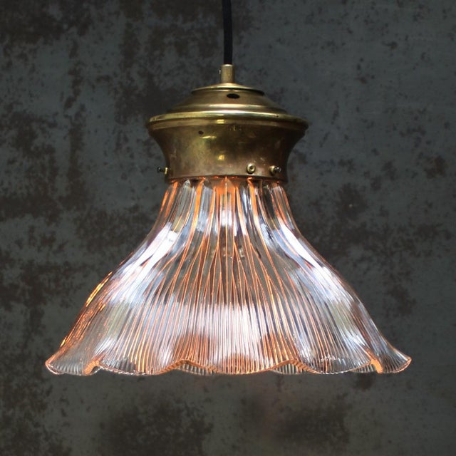 Vintage brass and glass pendant by holophane, uk brass gallary with clear pressed glass shade e27 / e26 this piece has an...