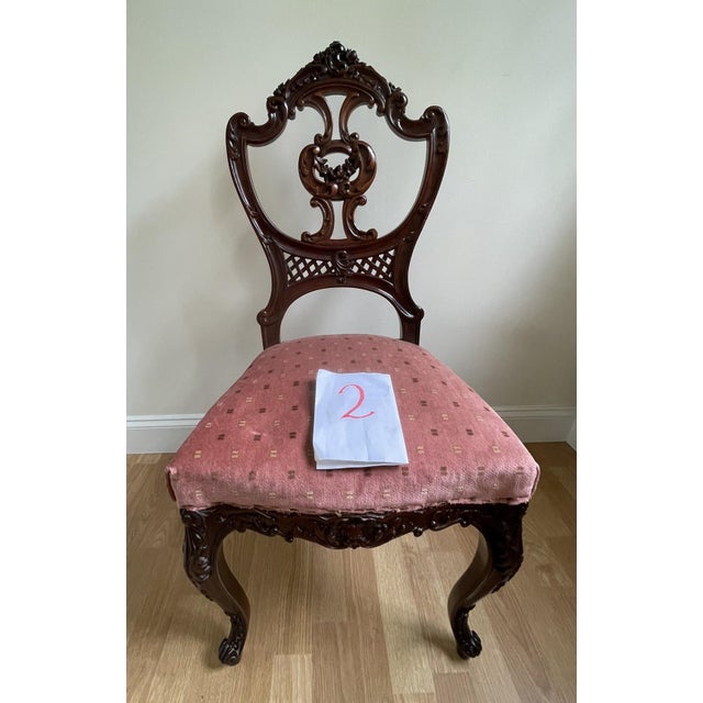 Late 19th Century Victorian Mahogany Parlor Chairs – Carved Elegance With Tapestry Charm (Pair) For Sale - Image 11 of 17