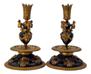 French 19th C Ormolu Bronze Candlesticks Grotesque Masks Putti Revival 2pc 8.5"