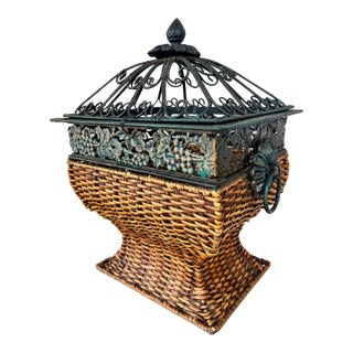 Vintage Flared Pedestal Wicker & Metal Lidded Basket For Sale