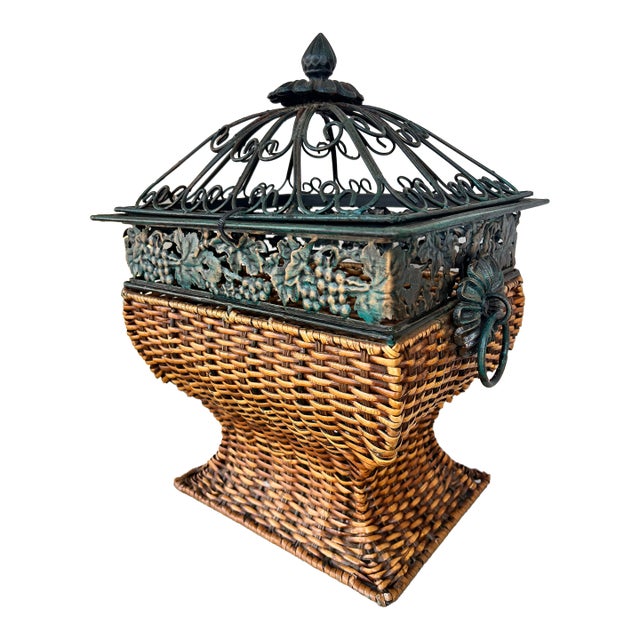 Vintage Flared Pedestal Wicker & Metal Lidded Basket For Sale