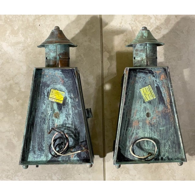 Funky Vintage Pair of Solid Patinated Brass and Copper Wall Lanterns For Sale In Miami - Image 6 of 16