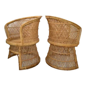 Set of 2 Vintage Handwoven & Crafted Chinoiserie Rattan Cane & Bamboo Armchairs