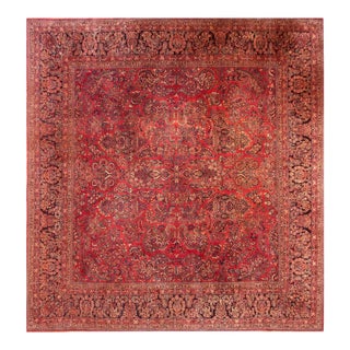 1920s Red Floral Antique Persian Sarouk Carpet 13' 8" X 14' Knotted Wool Rug For Sale