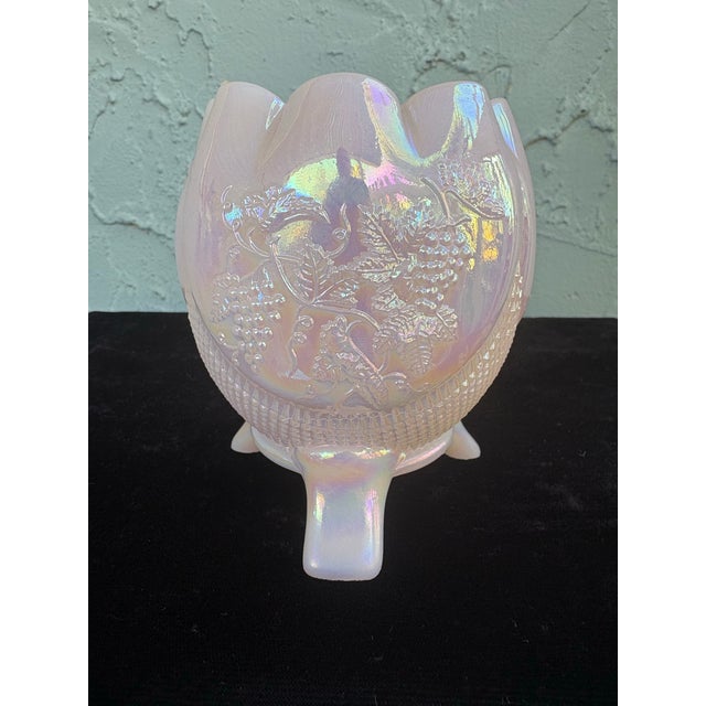 Fenton Art Glass Company Vintage Fenton Pink Opalescent Carnival Glass Three-Footed Grape & Vine Rose Bowl For Sale - Image 4 of 11