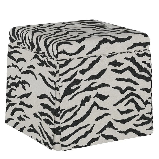 Dyer Storage Ottoman in Cream Black Linen Zebra For Sale In Chicago - Image 6 of 6
