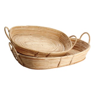 Cane Rattan Trays With Handles, Set Of 2 For Sale