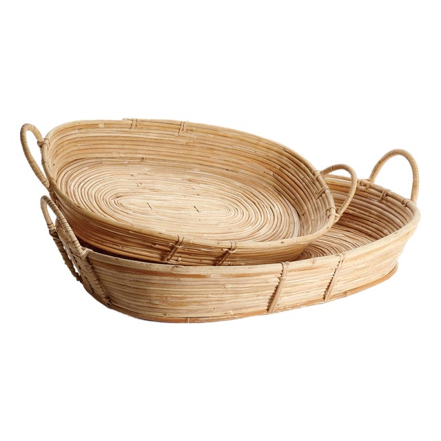 Cane Rattan Trays With Handles, Set Of 2 For Sale