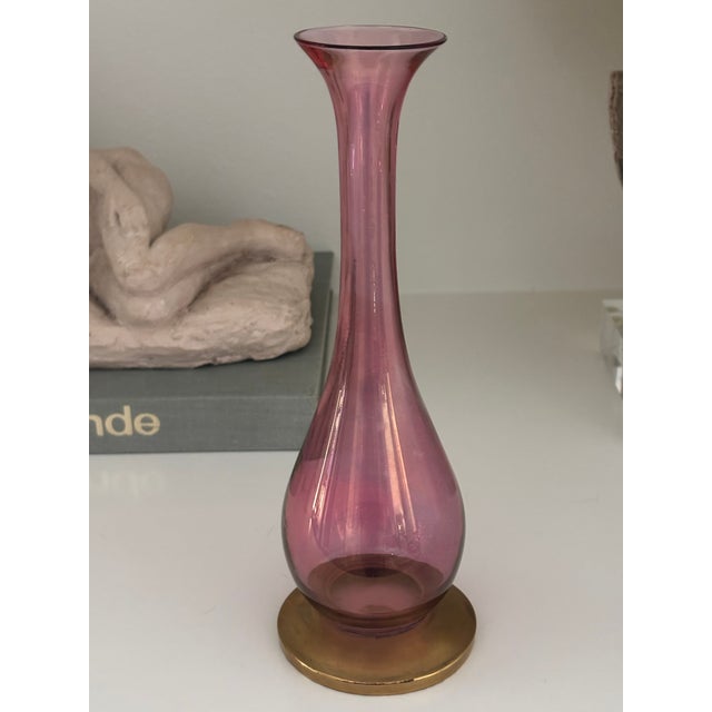 Glass Mid-20th Century Rainbow Art Glass Cranberry Pink Vase With Gilt Base For Sale - Image 7 of 13