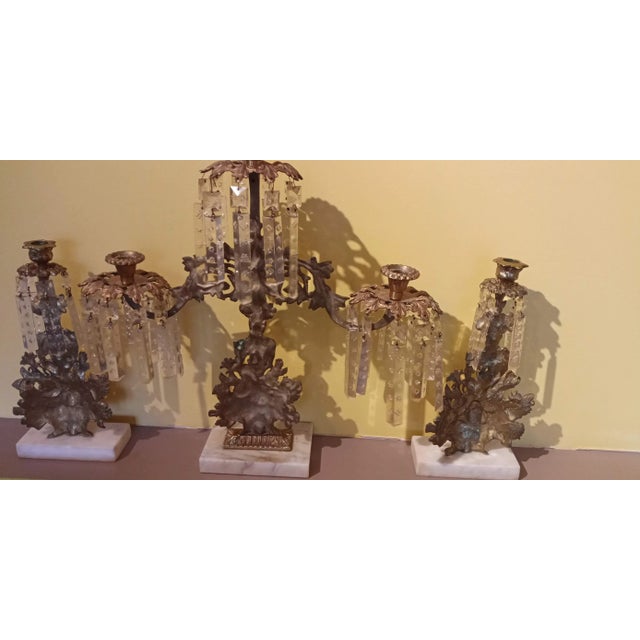 Antique Solid Brass, Marble, & Glass Prisms Girandole 3 piece Set ORIGINAL CRYSTALS - NOT replacements/replicas Has been...