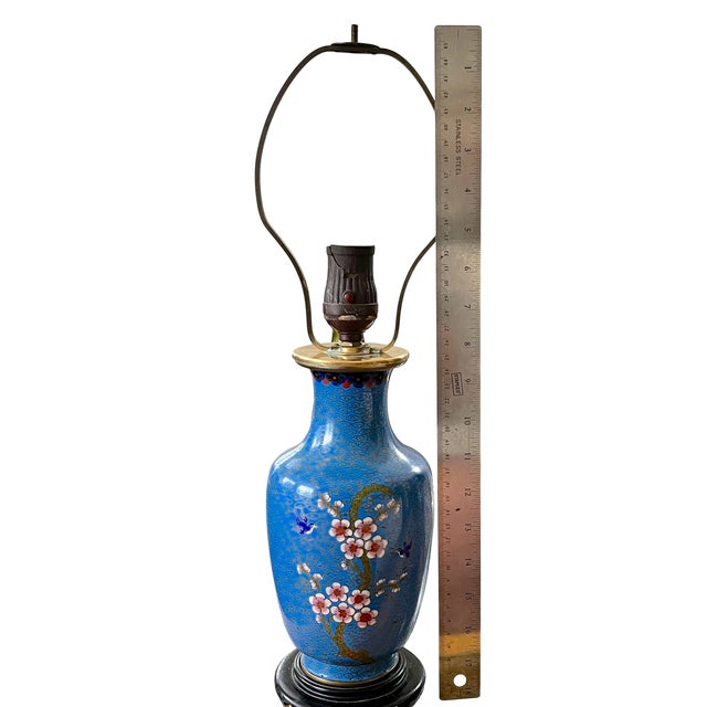 Antique 19th Century Chinese Cloisonné Vase Lamp With Cherry Blossoms & Swallows on Cobalt Blue Ground, 18" For Sale - Image 12 of 15