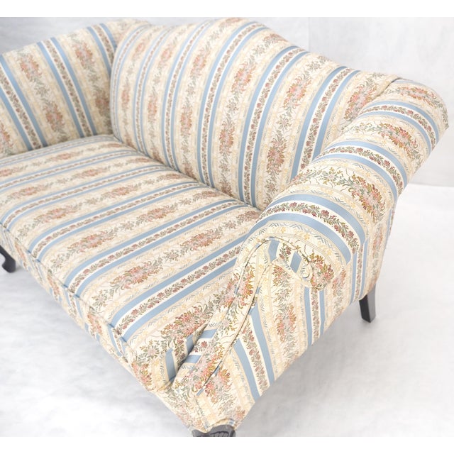 Pair of Camelback Loveseat Blue & White Striped & Floral Upholstery MINT! For Sale - Image 17 of 18