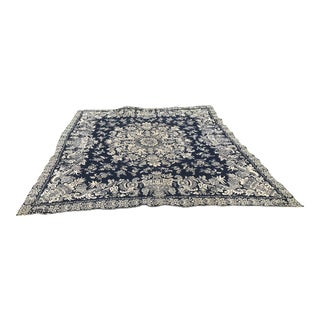 Antique 1844 Jacquard Hand-Loomed Blue Cream Cotton Wool Textile Coverlet For Sale