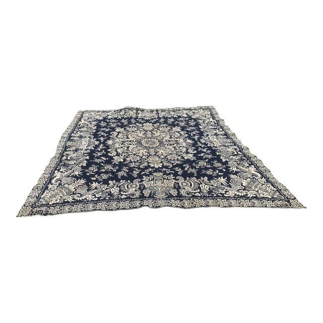 Antique 1844 Jacquard Hand-Loomed Blue Cream Cotton Wool Textile Coverlet For Sale