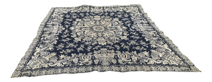Antique 1844 Jacquard Hand-Loomed Blue Cream Cotton Wool Textile Coverlet