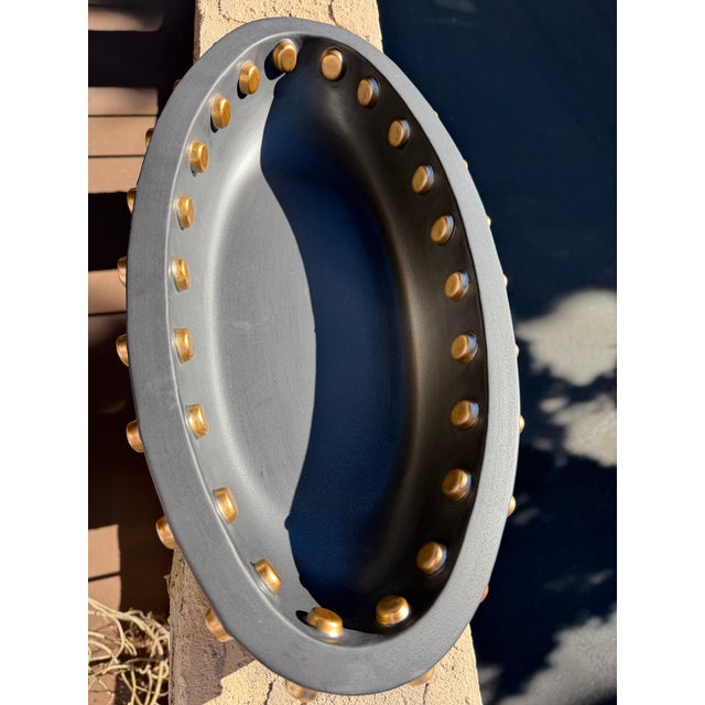 L’objet 18” Black & Gold Studded Oval Centerpiece Bowl For Sale In San Diego - Image 6 of 7
