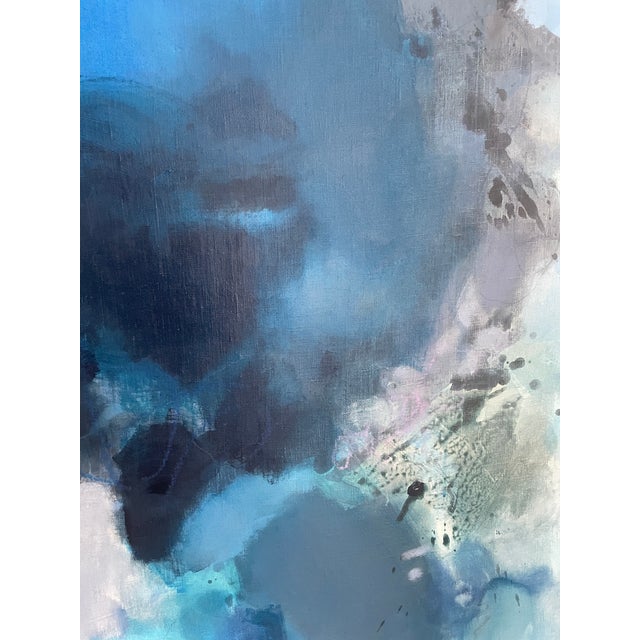 Large Atmospheric Blue Lyrical Abstraction Painting by Stacey Warnix With Deep Indigo Accents For Sale - Image 4 of 11