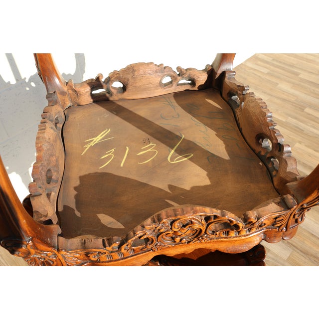 Pair of Louis XV Style Marquetry Side Tables/End Tables | French Rococo Revival Carved Wood For Sale - Image 17 of 18