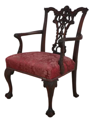 Vintage Mahogany Carved Chippendale Style Library Chair
