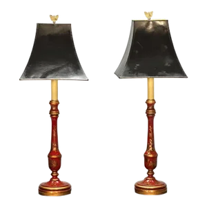Chinoiserie, Table, Desk Lamps, Red Jappanned Wood, Giltwood, 1940s