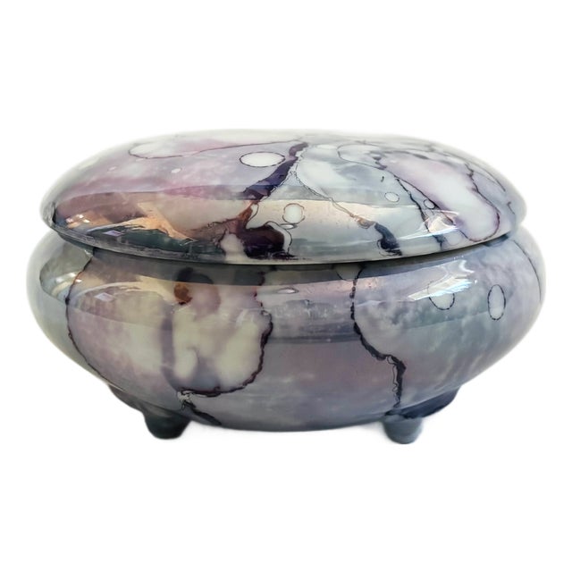 Vintage Hand Painted Purple Ceramic Box For Sale