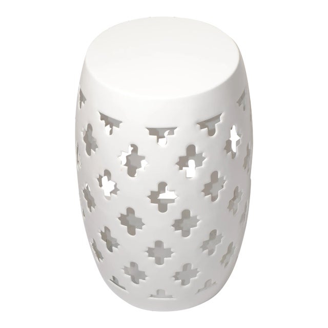 1970s Hollywood Regency Indoor Outdoor White Steel Carved Drum Garden Stool For Sale