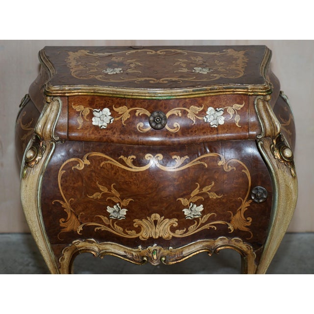 French Marquetry Inlaid Walnut & Marble Bedside Tables with Drawers, Set of 2 For Sale - Image 13 of 18