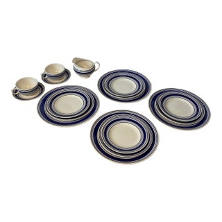 1990s Farmstead Ticking Blue by Ralph Lauren China Cobalt Blue Stripes - 17 Pieces For Sale